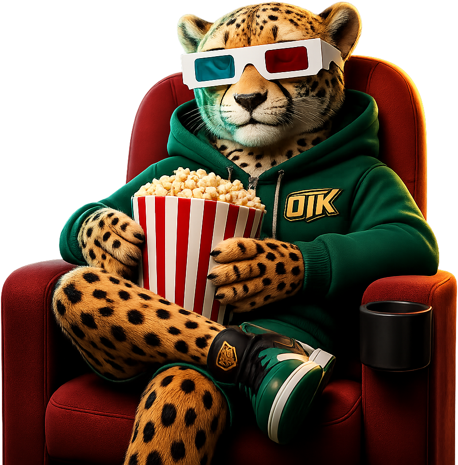 Mascote da OTK Play assistindo filmes na poltrona de cinema